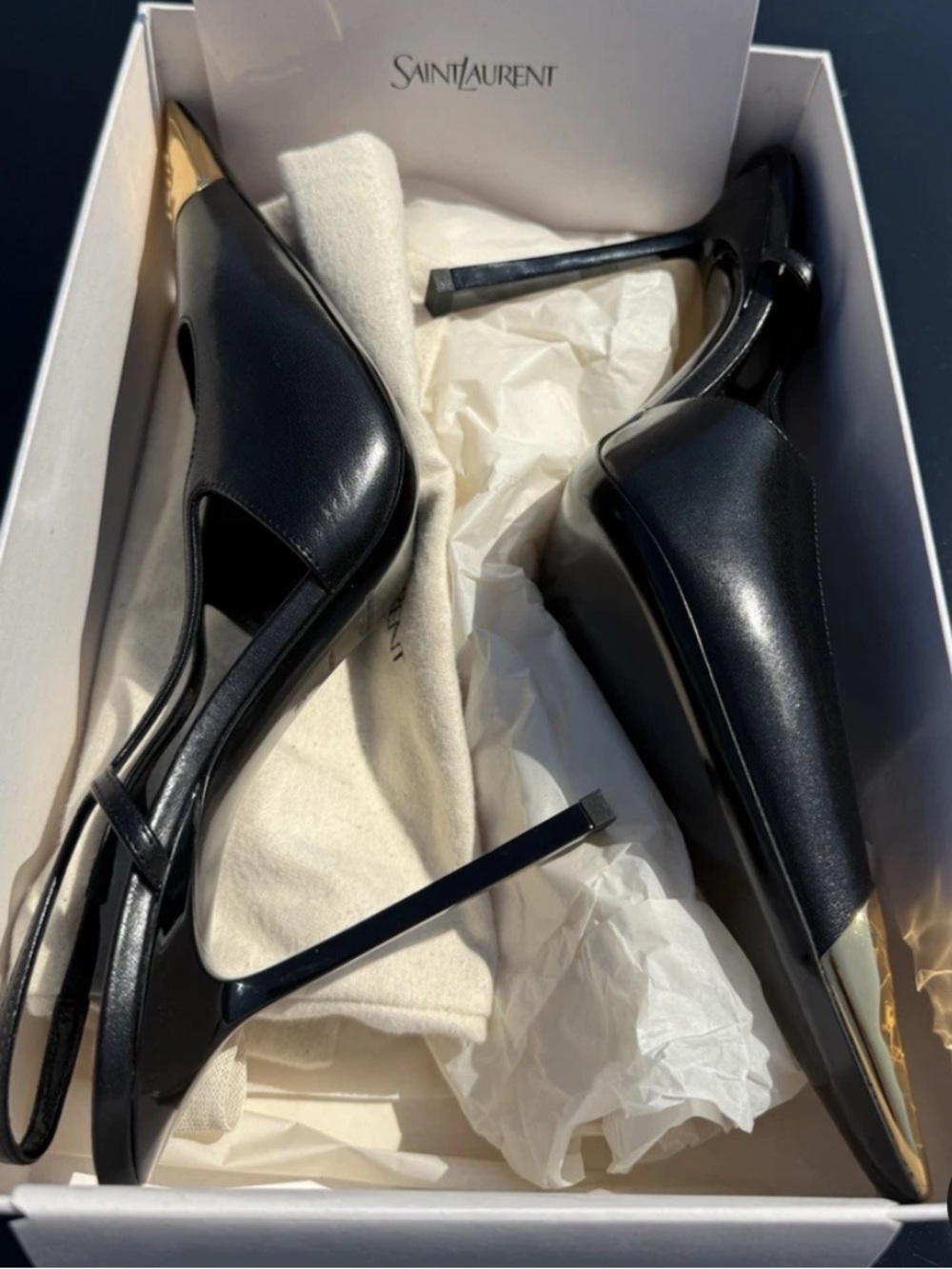24hr sale-Saint Laurent Jeanne Black Slingback Heels Gold Metallic Toe Logo 38.5 - Picture 6 of 6